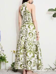 Aveloria Modichic Textured Bamboo Knot Linen Fabric, Ivory White & Grass Green Patchwork, Bohemian Resort Style, Halter Neck Twist Design, Abstract Floral Print, Twist Detail, Soft Fabric, Fitted Waist, Lightweight & Comfortable, Suitable For Summer Party, Beach Vacation, Date Picnic, Afternoon Tea, Outdoor Music Festival, Casual Travel, Romantic Date, Multi-Occasion Fashionable Twist Waist Criss-Cross Maxi Dress - Multicolor - View 2