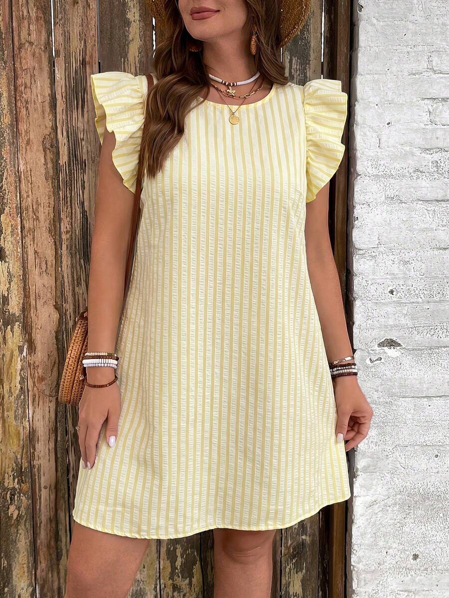 SHEIN VCAY Plus Size Casual Striped Pattern Flutter Sleeve Dress - Light Yellow - View 1