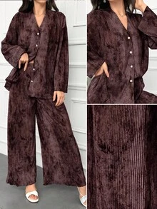 Modelyn Women's Batik Print Drop Shoulder Long Sleeve Top And Loose Casual Pants 2pcs Set, Spring Summer 2 Pieces Set - Brown - View 2