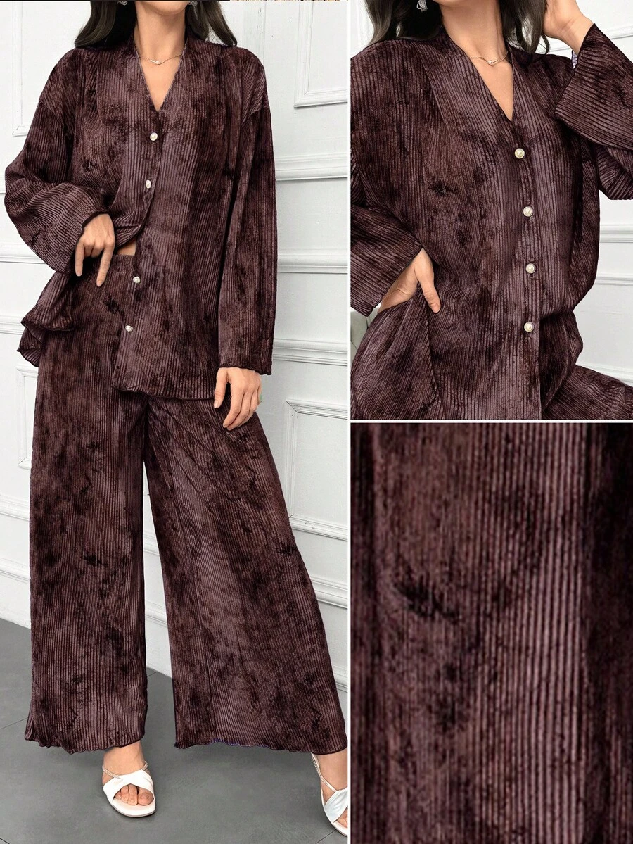 Modelyn Women's Batik Print Drop Shoulder Long Sleeve Top And Loose Casual Pants 2pcs Set, Spring Summer 2 Pieces Set