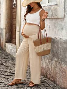 Boho Mama Khaki Stretch Waist Slanted Pocket Linen-Style High-Waisted Linen Pants For Pregnant Women, Perfect For Spring Vacations And Everyday Casual Wear - Apricot - View 9