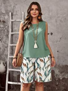 EMERY ROSE Conjunto de 2 piezas de talla grande con top sin mangas de unicolor y shorts con estampado todo sobre todo - Multicolor - Ver 5