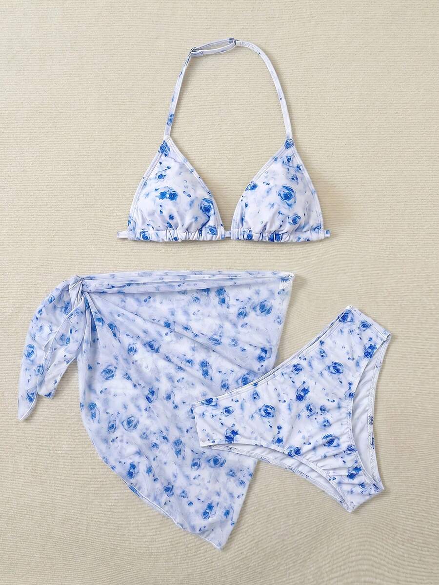 少女三件套碎花比基尼套装,含蝴蝶结泳衣和裙子,夏季女童泳装碎花比基尼夏季套装 - 藍色 - 查看 1