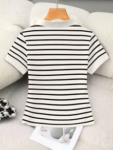 Rovax Women's Short Polo Shirt With Striped Horse Riding Print, Contrast Color Collar - Multicolor - View 2