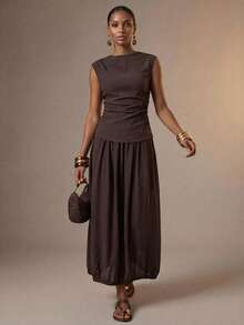 Zivah 2026 Elegant Vacation Top With Waist Ruffle Decor & Bubble Hem Skirt Set,Vacation Outfits Women - Brown - View 2