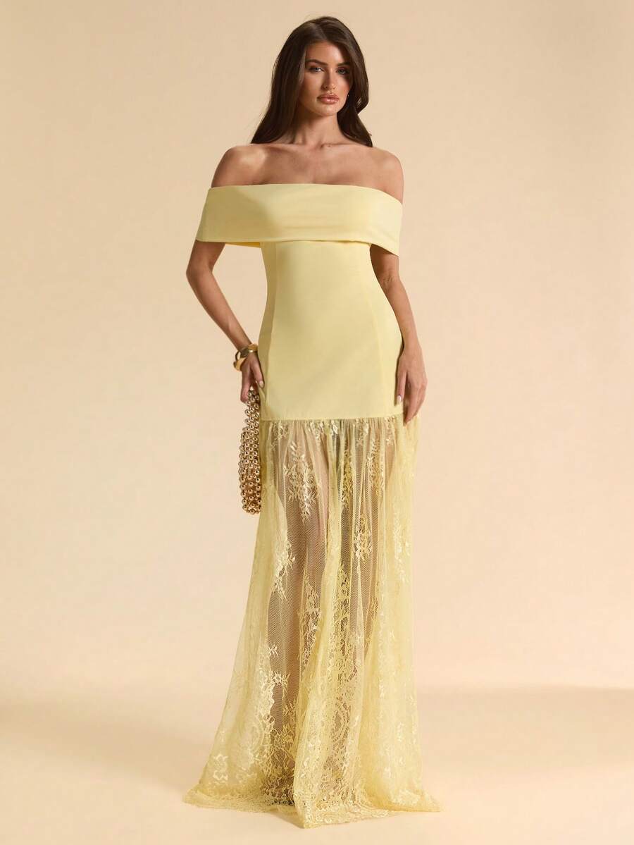 SHEIN BAE Yellow Off Shoulder Sleeveless Lace Patchwork See-Through Dress, Yellow Dress, Elegant Dress - Yellow - View 1