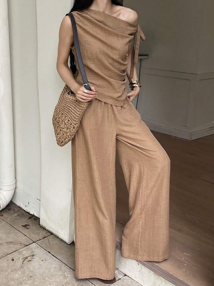 Women's Spring/Summer Off-Shoulder Tie-Waist Shirt And Loose Linen Pants 2 Pieces Casual Vacation Set