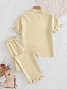 2pcs/Set Tween GirlsCollared Short Sleeve Top And Casual Pants Loungewear Set - Apricot - View 2