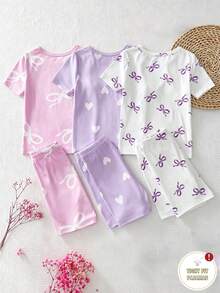 3件套女童奶牛印花短袖上衣和短裤修身睡衣套装 - 彩色 - 查看 2