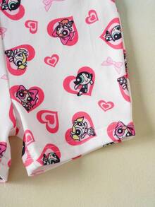 THE POWERPUFF GIRLS X SHEIN 1件女婴可爱爱心卡通印花不对称领长袖连体衣 - 彩色 - 查看 6