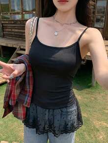DAZY 女士撞色蕾丝修身休闲度假夏季背心 - 黑色 - 查看 4