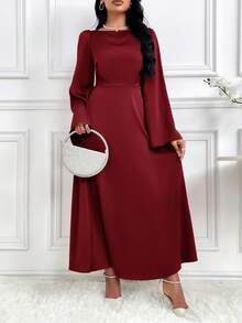 Modelyn Women Solid Color Long Sleeve Cinched Waist Simple Casual Ankle Length Modest Dress, Burgundy Modest Party Dress Long Evening Dresses - Burgundy - View 5