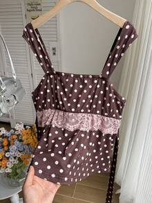Comfortcana Áo hai dây ren phối màu nâu và hồng chấm bi kiểu dáng thường ngày, cỡ lớn, phong cách nghỉ mát. - màu nâu - Xem 3