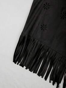 Franclia Casual Elegant Boho Americana Vacation Hollow-Out Embroidered Suede Fringe Sleeveless Jacket Vest For Plus Size Women - Black - View 5