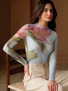 Anewsta 春夏新款优雅时尚休闲约会新年派对弹力修身粉色长袖网纱圆领针织上衣 - 淺藍色 - 查看 1