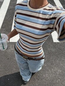 Muchica Casual Minimalist Style Blue Asymmetrical Stripe T-Shirt, Versatile Streetwear, Suitable For Spring And Summer,Summer Top - Multicolor - View 1