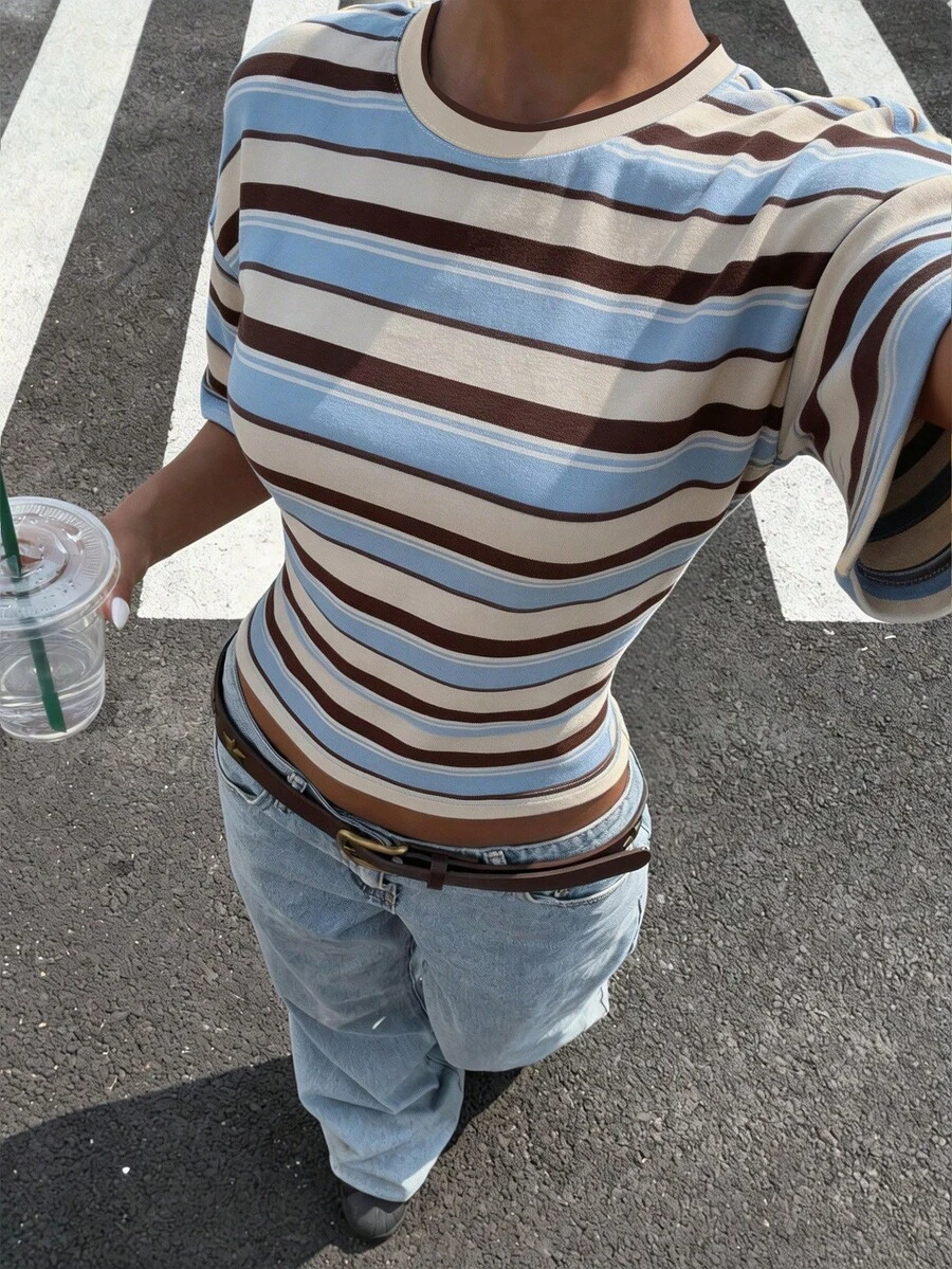 Muchica Casual Minimalist Style Blue Asymmetrical Stripe T-Shirt, Versatile Streetwear, Suitable For Spring And Summer,Summer Top - Multicolor - View 1