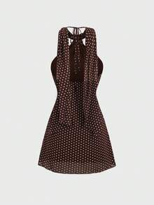 Sweetra Spring/Summer Sleeveless Elegant Polka Dot A-Line Mini Dress With Neck Tie Metal Buckle Decor, Retro Romantic Commuting Outfit For Women, Coffee Color - Brown - View 2