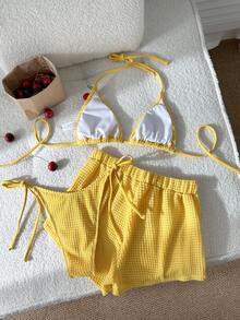 Swim Vcay Bộ bikini 3 mảnh màu trơn mới, gợi cảm, thích hợp cho bãi biển/hồ bơi, tiệc tùng, kỳ nghỉ, gồm áo yếm và quần buộc dây bên hông, được làm từ chất liệu đặc biệt, dành cho nữ. - Màu vàng - Xem 4