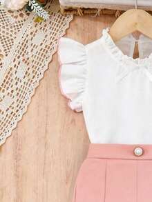 Conjunto de 2 piezas de top con volantes elegante y pantalones con dobladillo dividido acampanado para niña en verano - Rosa - Ver 3