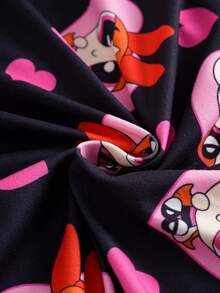 THE POWERPUFF GIRLS X SHEIN 女士卡通印花单排扣休闲睡袍，适合日常穿着 - 黑色 - 查看 6