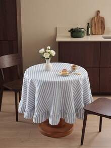1pc Japanese Style Simple Solid Blue Stripe & Lotus Edge Round Tablecloth, Woven Fabric, Suitable For Small Garden, Outdoor Cafe, Kitchen, Bedroom, All Season Dining Table Decor - Yarn-dyed Blue Striped Ruffles - View 4