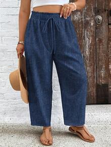 SHEIN VCAY Pantalones casuales de uso diario de unicolor con cordón en la cintura para mujeres de talla grande - Multicolor - Ver 5