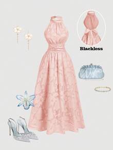SHEIN MOD Đầm midi nữ kiểu dáng thanh lịch, chất liệu jacquard, xếp ly eo, thích hợp cho tiệc tùng và các dịp đặc biệt. - Màu Hồng baby - Xem 4