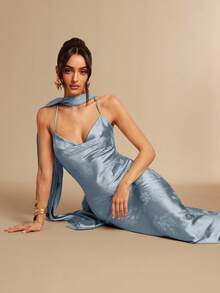 Silquee Đầm satin jacquard hở lưng kiểu đan chéo dành cho nữ, thích hợp cho mùa xuân và mùa hè. - Màu xanh lam - Xem 7