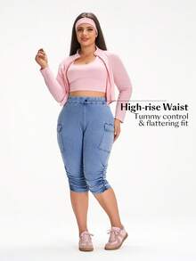 Flexra Plus Size Knitted Denim Cargo Capri Pants - Blue - View 7