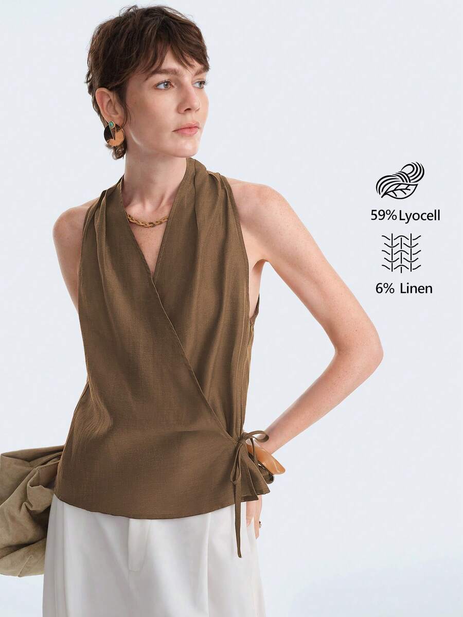 Aalyst Áo sơ mi nữ mùa xuân/hè kiểu Pháp thanh lịch sang trọng tối giản, phong cách bohemian thường ngày, thích hợp đi nghỉ mát/công sở, đi làm, cổ điển, thoải mái, màu trơn, chất liệu vải lanh Tencel, cổ chéo, xếp ly, thắt dây bên hông, không tay. - màu nâu - Xem 1