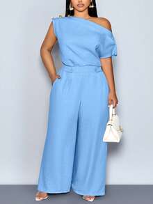 SOLERSUN Blusa de mujer talla grande de primavera/verano elegante con cuello asimétrico, sin mangas, botones metálicos, ajustada, de unicolor, blusa de un hombro, blusa de un hombro, blusa para la oficina, cita, noche, oficina, viaje diario, blusa modesta para uso diario - Celeste - Ver 1