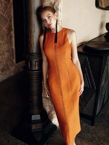 PREMIUM WOMEN'S LINEN BLEND EMBROIDERED DETAIL SLEEVELESS MIDI DRESS - Orange - View 9