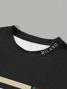 Manfinity RSRT 欧美风男士黑米色“ITALIA MILANO”印花短袖T恤和抽绳短裤套装，休闲街头风夏季度假装扮 - 彩色 - 查看 4