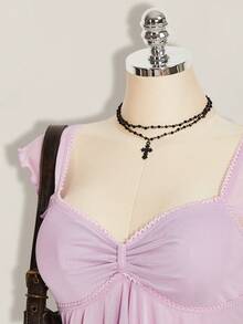 SHEIN ICON 大尺碼女款前抓皺修身性感網紗拼接荷葉袖露背休閒度假短版背心上衣，秋季，返校季 - 淡紫色 - 查看 6