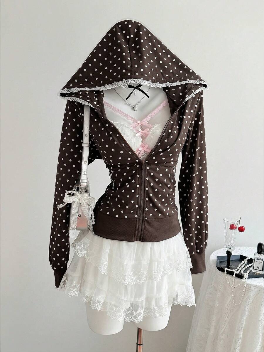 Elamini 女士粉色波点印花黑色蕾丝拼接拉链连帽衫,休闲甜美优雅度假风,春夏皆宜,适合上学、毕业典礼、街头、居家等场合,百搭实用 - 棕色 - 查看 1