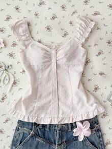 Blusa casual con pliegues en el pecho y volantes a rayas para niñas preadolescentes - Caqui - Ver 7