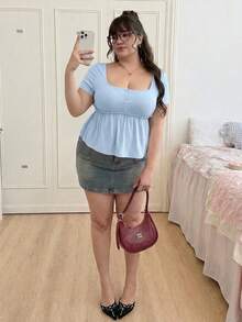 CovetEZ 大码女式休闲方领短袖蓝色T恤上衣，夏季 - 藍色 - 查看 3