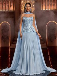 Glamrae 优雅、奢华、高贵的串珠雪纺无肩带低腰长款连衣裙，配有可拆卸披肩和超长喇叭袖，饰以手工亮片，系带可调节，适合所有正式场合，正式晚礼服 - 淺藍色 - 查看 3