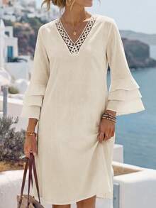 EMERY ROSE Women's Solid V-Neck Casual Vacation 3/4 Sleeve Short Dress - Khaki - View 3