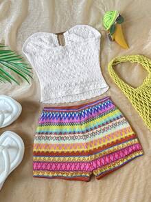 SHEIN ملابس عادية للربيع والصيف، لحفلات الزفاف على الشاطئ، حفلات التخرج، ، عطلة الربيع، عيد الفصح، مهرجانات الموسيقى، مجموعة ملابس علوية كاميسول بياقة حلقية مزخرف بالأزهار الاستوائية الأنيقة والقصيرات المخططة ملونة مكونة من قطعتين - أبيض - مشاهدة 2