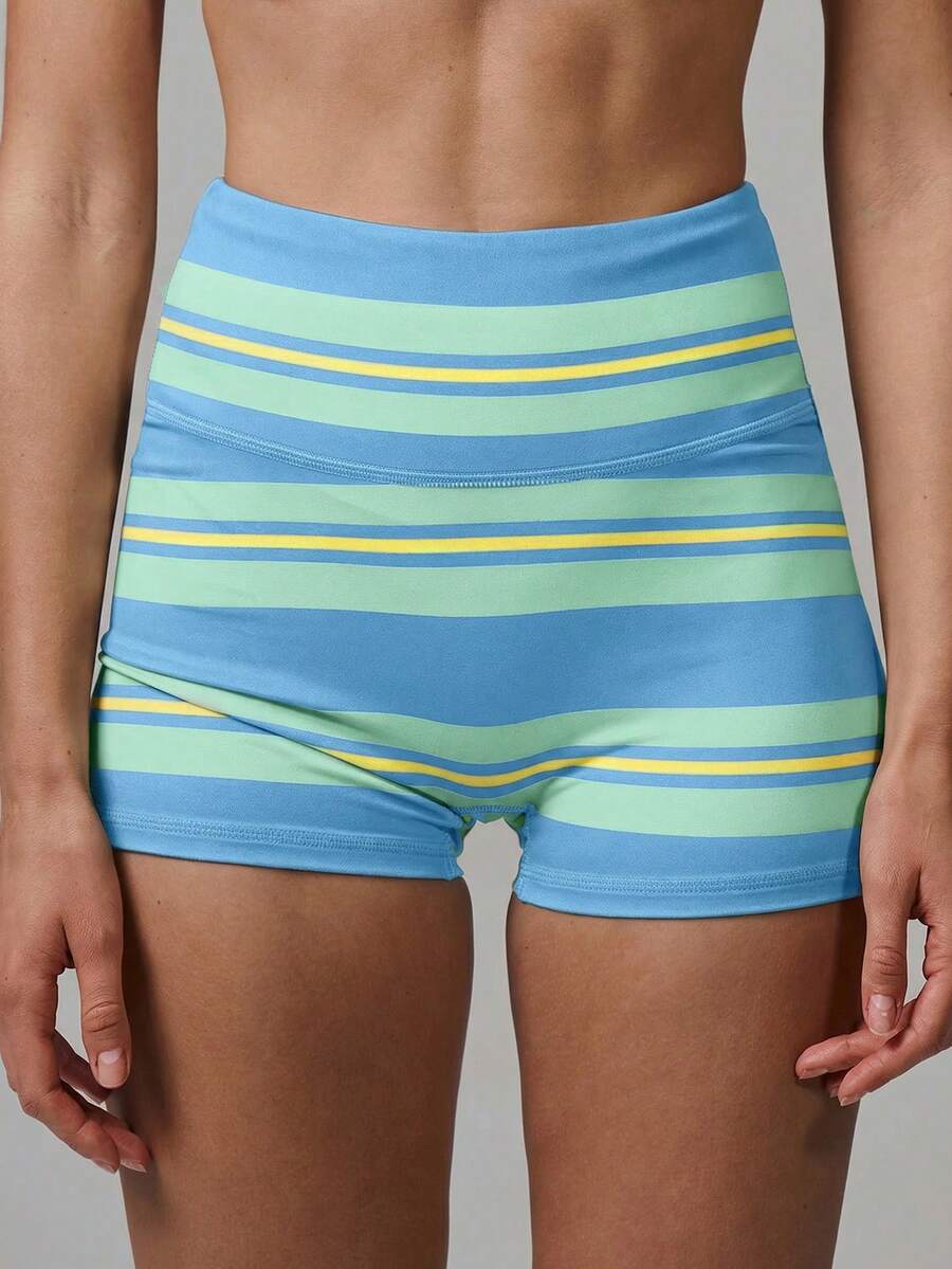 Musera Sport 条纹高腰运动短裤,仅限运动健身、健身房、普拉提、日常休闲穿着,可爱又时尚。 - 淺藍色 - 查看 1