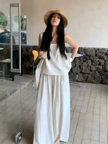 K-Vae Set de 2 piezas Top de tirantes blanco y pantalón de pierna ancha para mujer, conjunto de verano elegante - Blanco - Ver 3