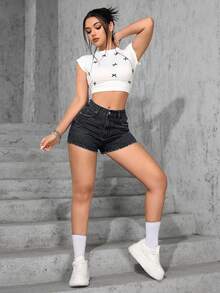 Jeanoix Women's Summer Casual Streetwear Pocketed Button Denim Shorts, Versatile For Daily Wear Rave Concert Dark Wash - Black - View 4