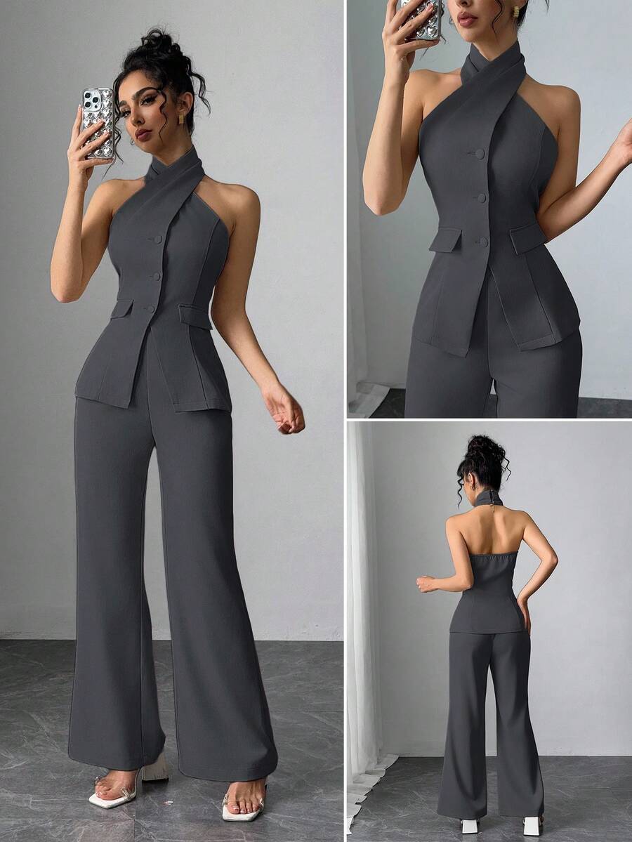 Modelyn Conjunto de 2 piezas de top halter de un solo pecho y pantalones acampanados de unicolor para mujer