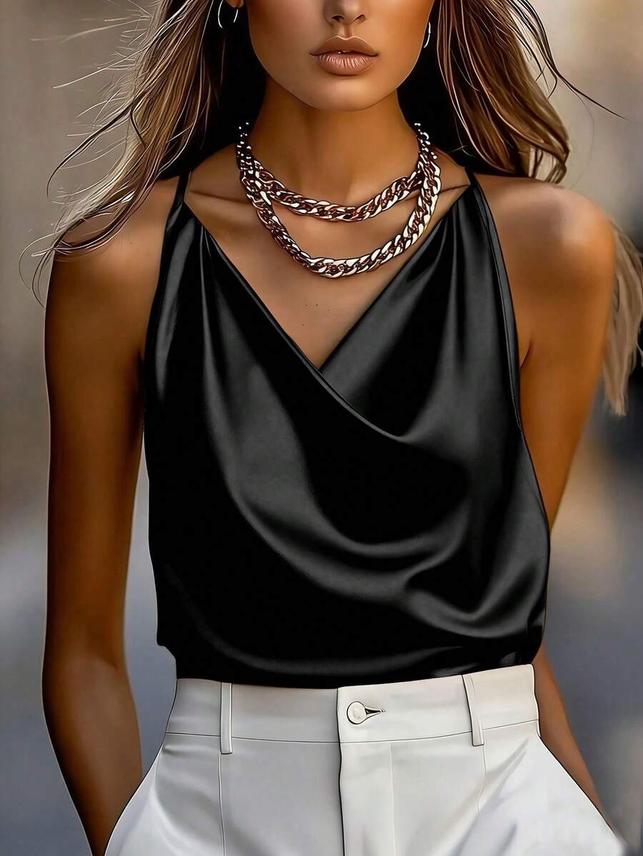 SHEIN Camiseta de satén suelta y brillante con escote pronunciado, elegante y diaria, primavera/verano 2026 para mujer - Negro - Ver 1