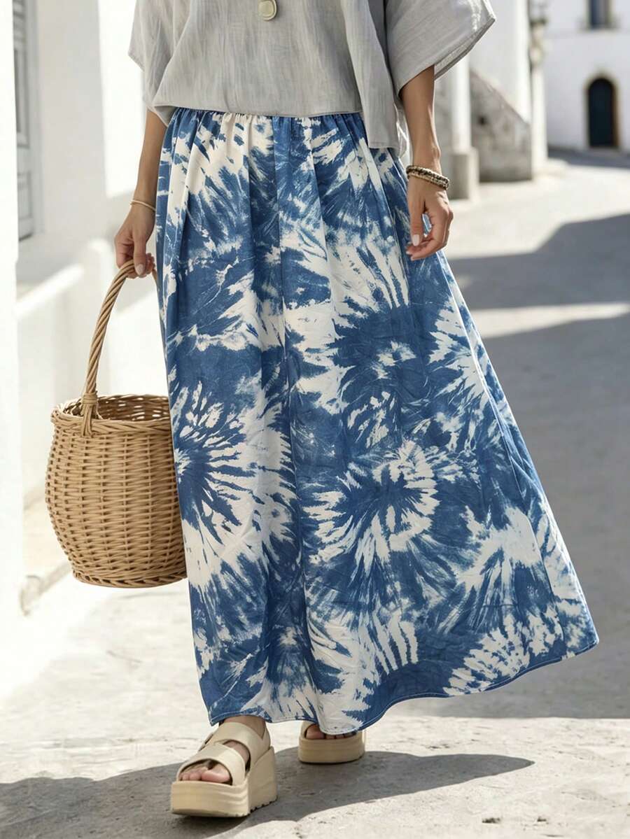 SHEIN Holidaya 蓝色扎染印花休闲宽松半身裙 - 藍色 - 查看 1