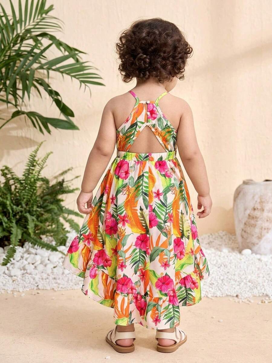 Cozy Pixies Vestido de niña bebé con estampado tropical lindo, con escote halter y espalda descubierta, con bajo alto, adecuado para verano y vacaciones - Naranja - Ver 1