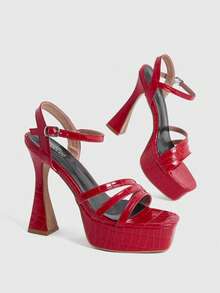 CUCCOO LuxiPop Women's Platform Water Table Red High-Heeled Sandals, Party-Style High-Heeled Sandals, Sexy Nightclub High-Heeled Sandals, Square Toe And Ankle Water Table Sandals, Suitable For Christmas Parties, Valentine's Day Gifts, The Perfect Choice For Fashionistas - Red - View 6