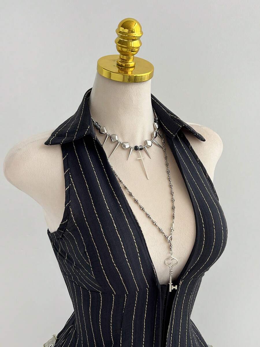 Elamini Sexy Striped Collared Fitted Button-Down Sleeveless Blouse For Women - Black - View 1
